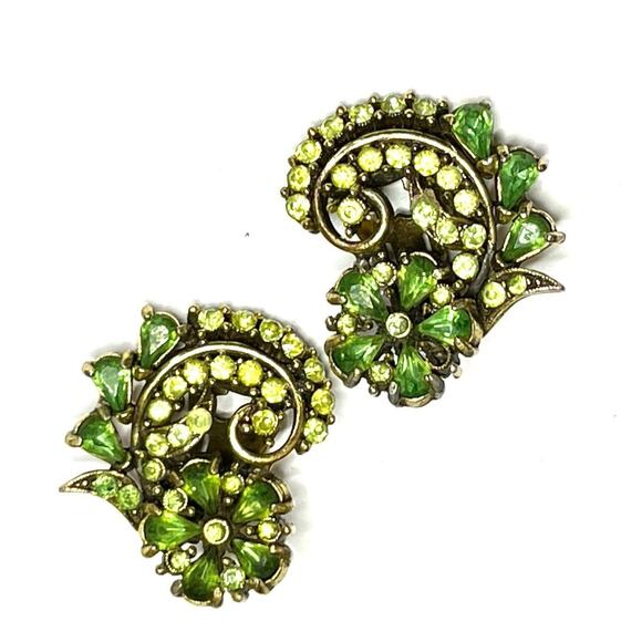 Clip Earrings HOLLYCRAFT 1950 Green Gold Vtg Estate Jewelry O30 - Picture 1 of 7